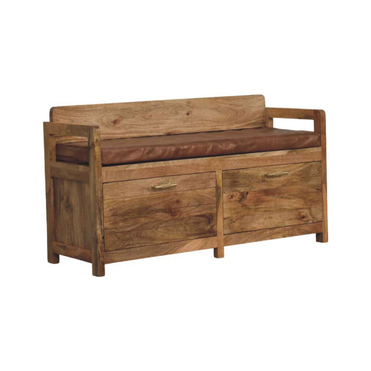 Storage Bench with Brown Leather Seat – Oak-Ish Finish