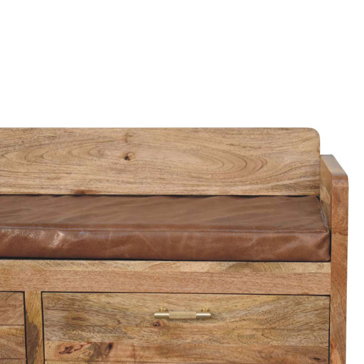 Storage Bench with Brown Leather Seat – Oak-Ish Finish