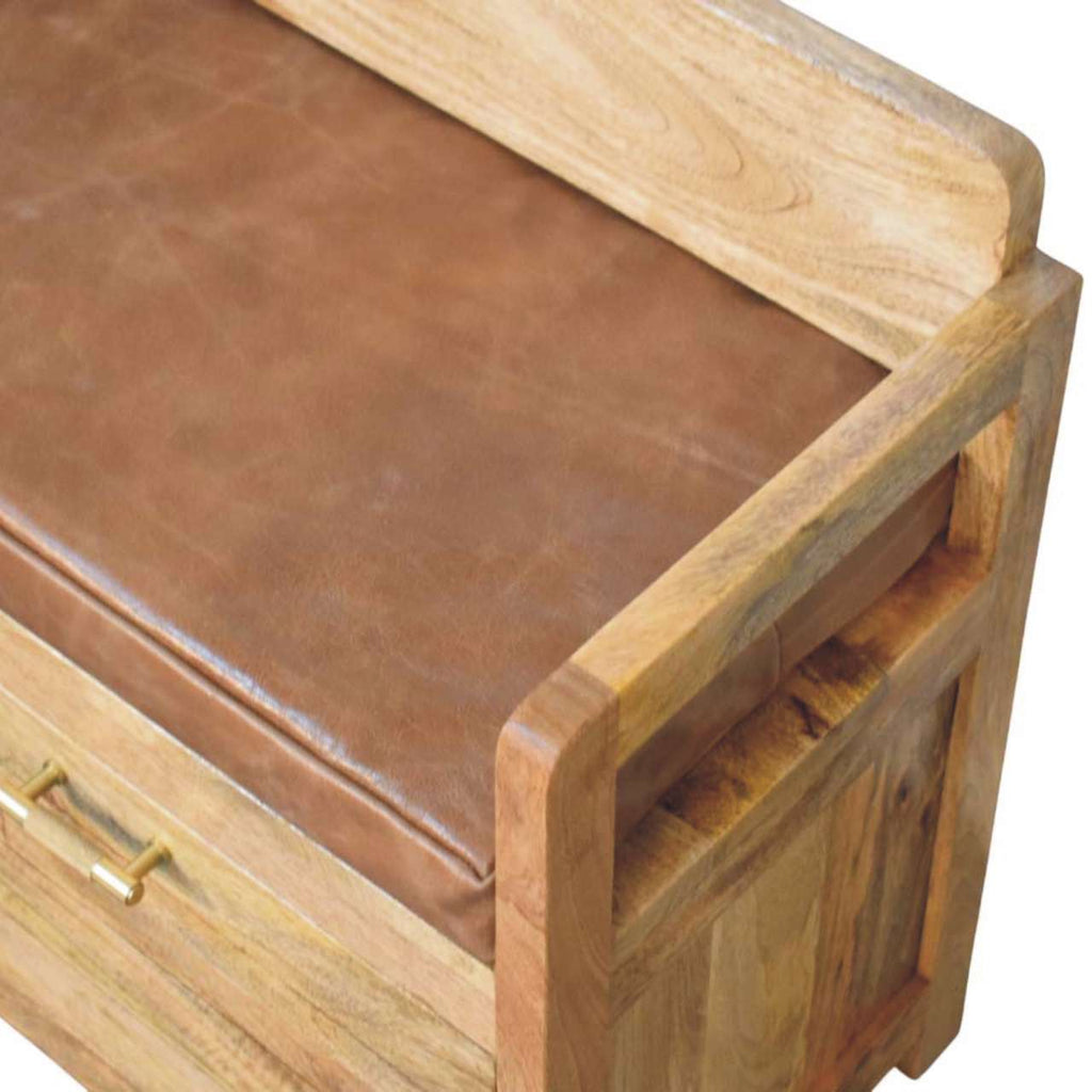 Storage Bench with Brown Leather Seat – Oak-Ish Finish