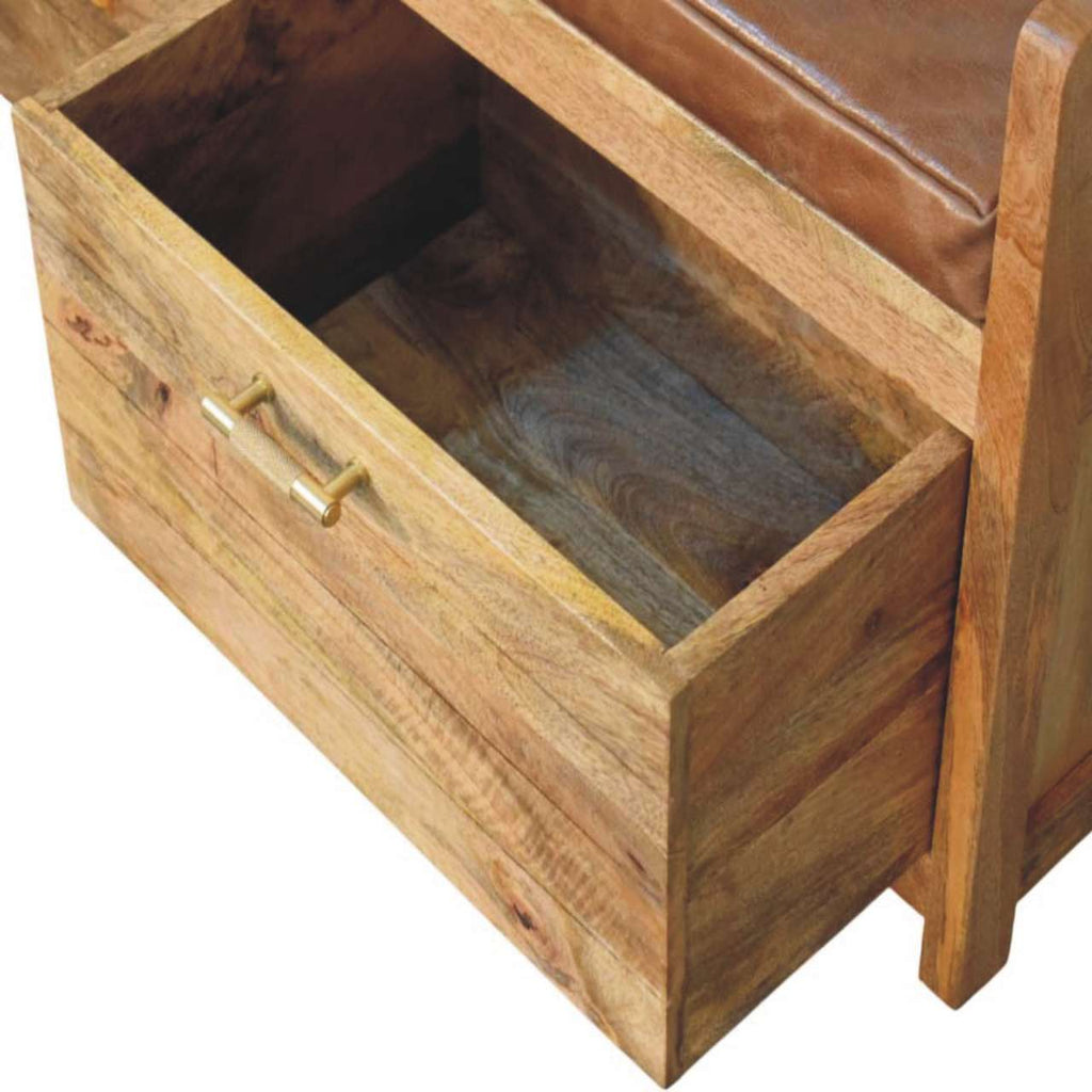 Storage Bench with Brown Leather Seat – Oak-Ish Finish