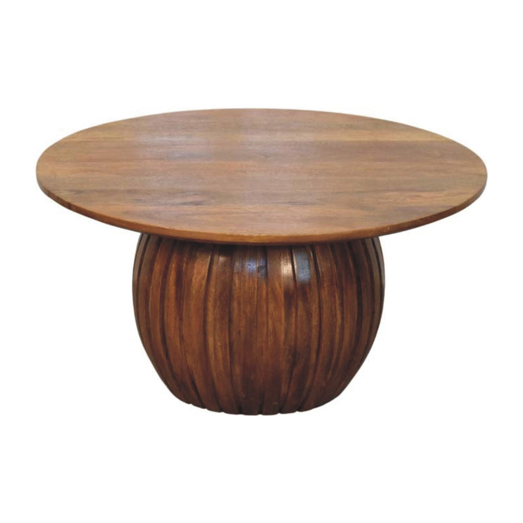Round Fluted Solid Mango Wood Coffee Table – Amber Oak Finish