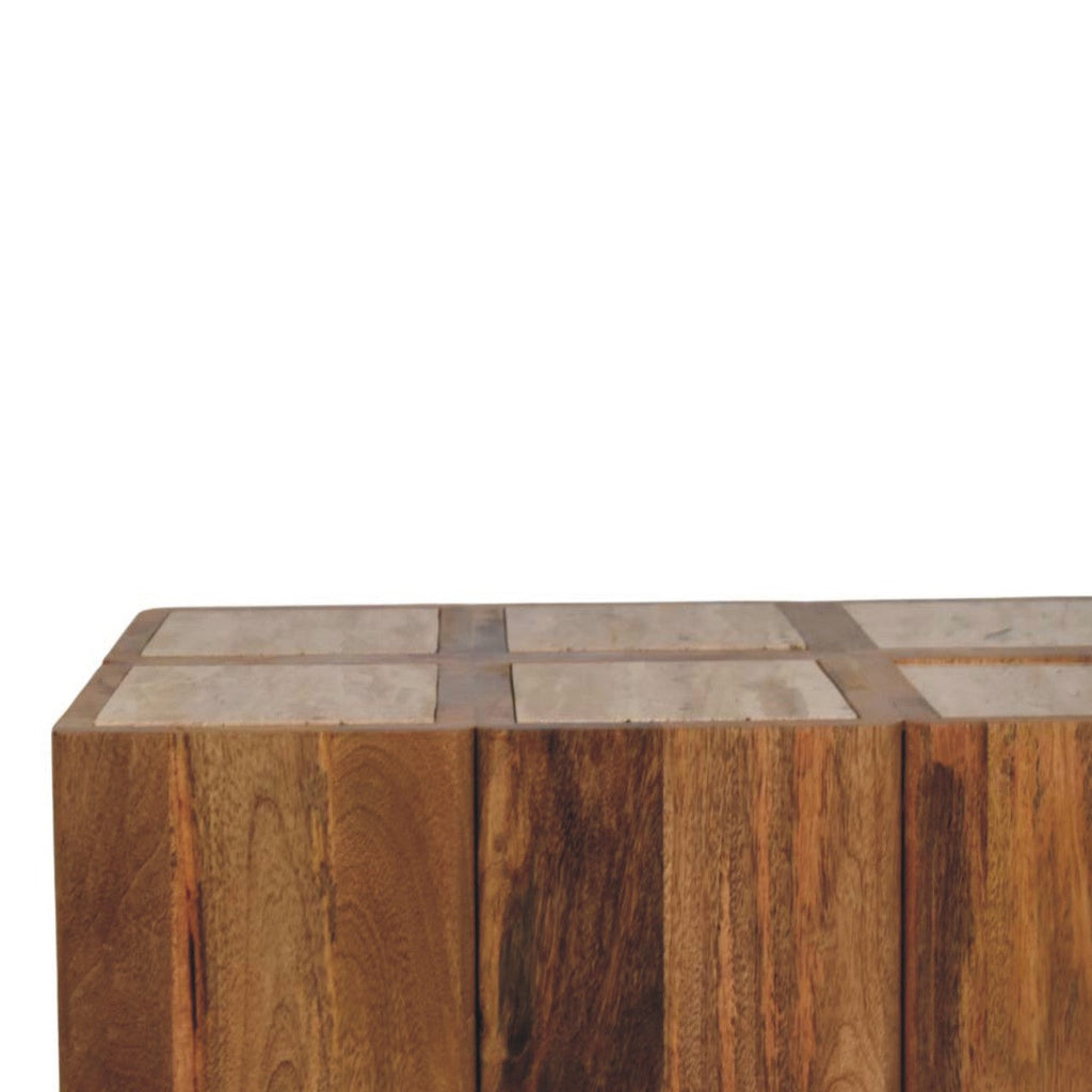 Travertine Top Block Solid Mango Wood Side Table – Oak-Ish Finish