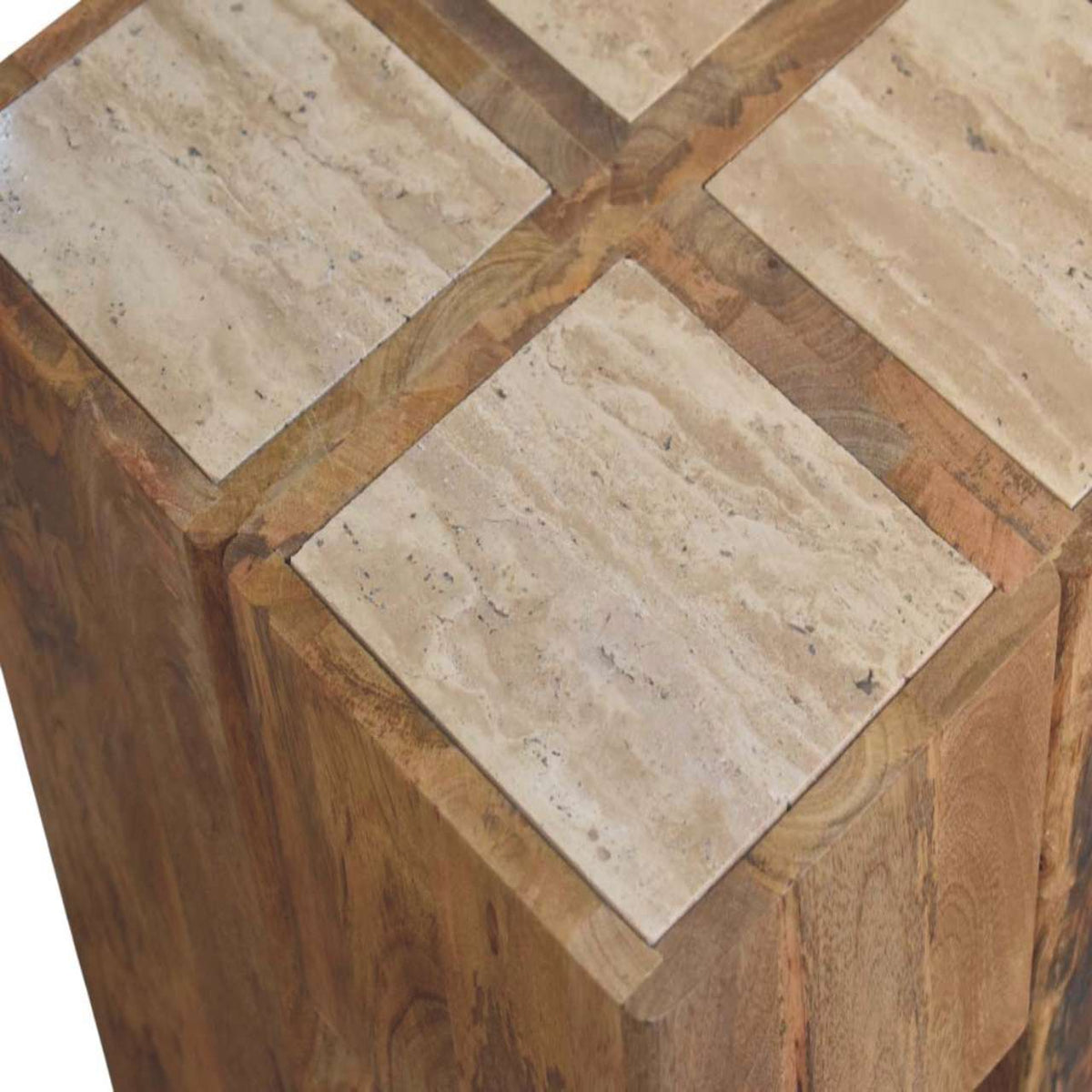 Travertine Top Block Solid Mango Wood Side Table – Oak-Ish Finish