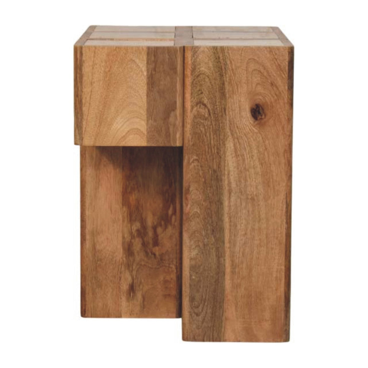 Travertine Top Block Solid Mango Wood Side Table – Oak-Ish Finish