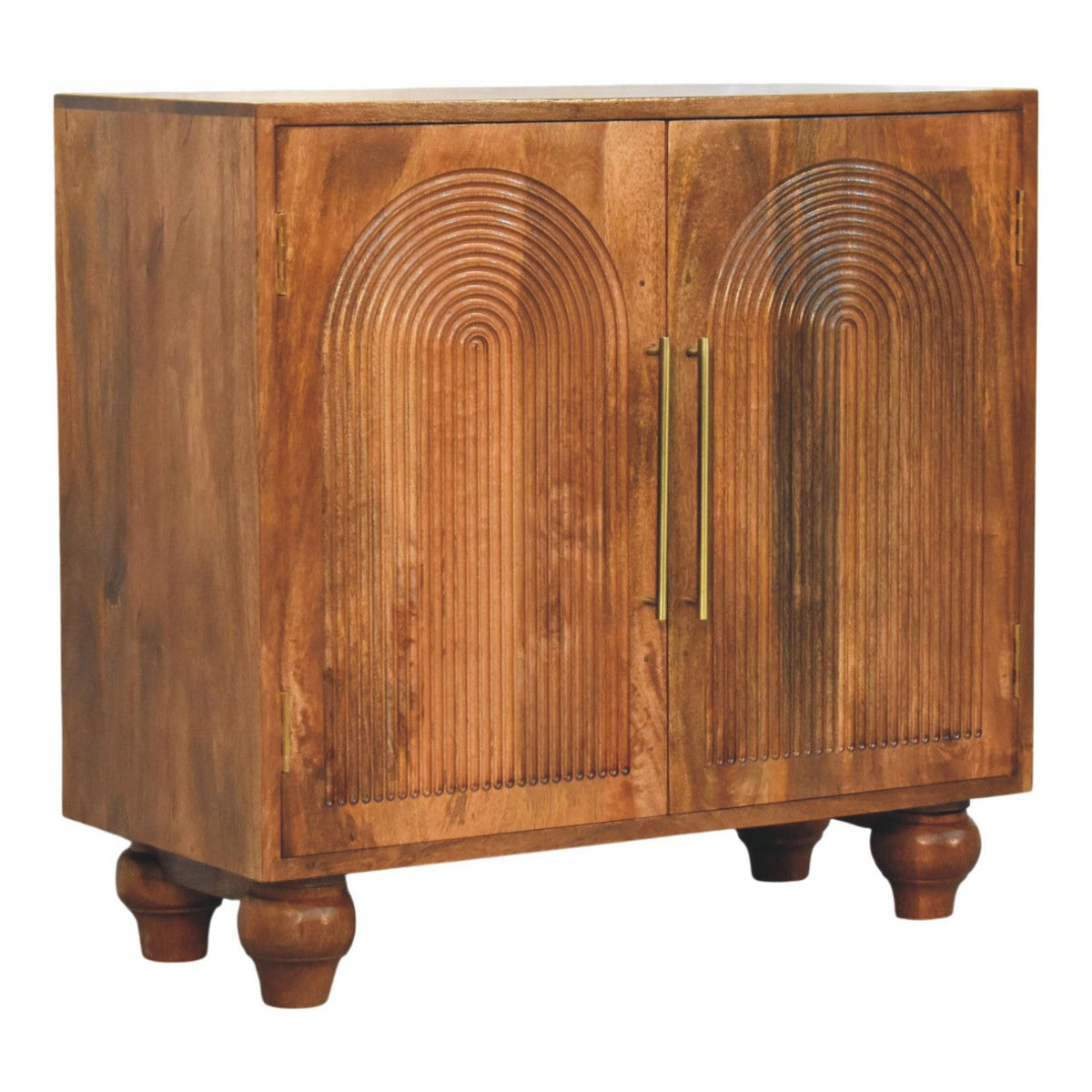 Arco Groove-Carved Solid Mango Wood Cabinet – Golden Teak Finish