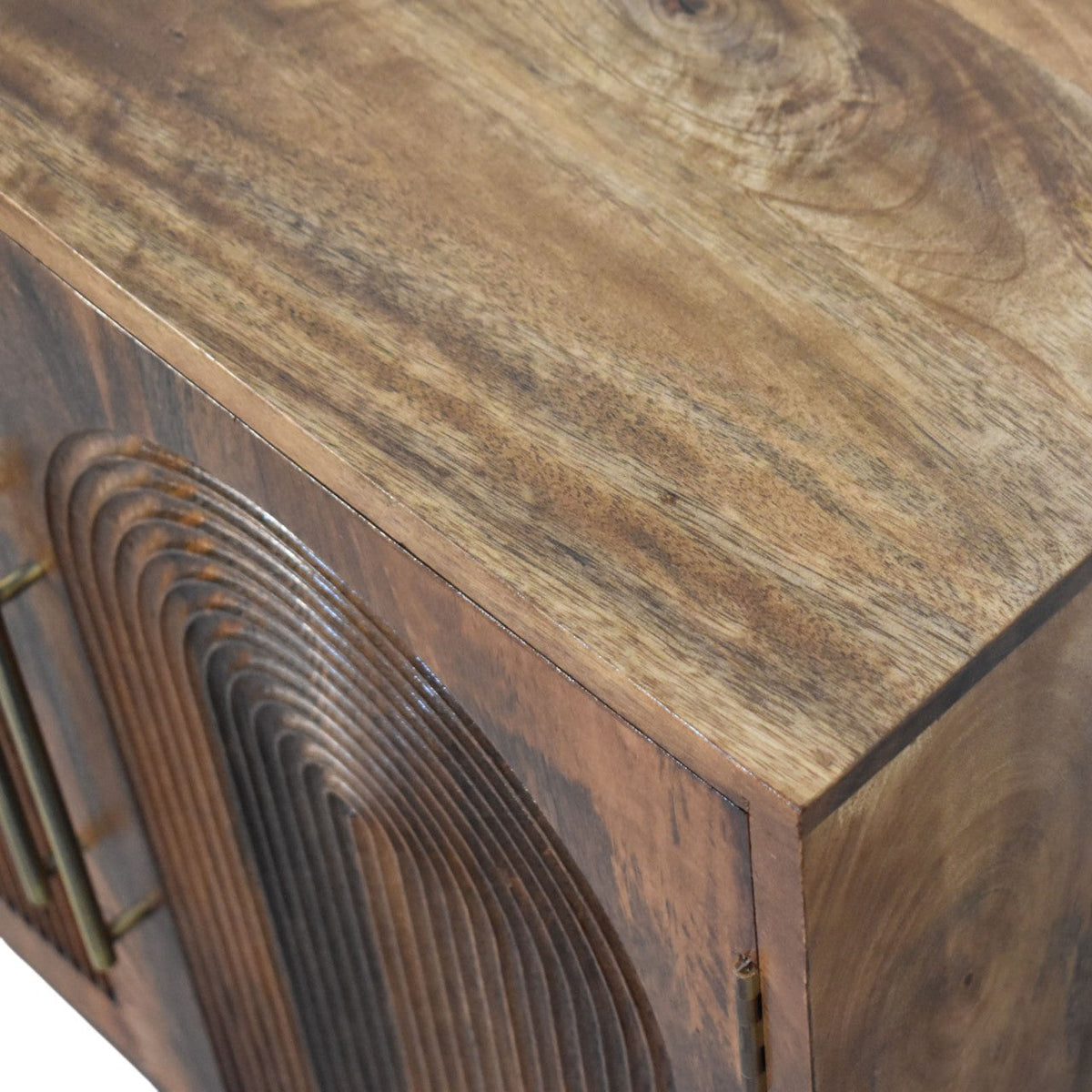 Arco Groove-Carved Solid Mango Wood Cabinet – Golden Teak Finish