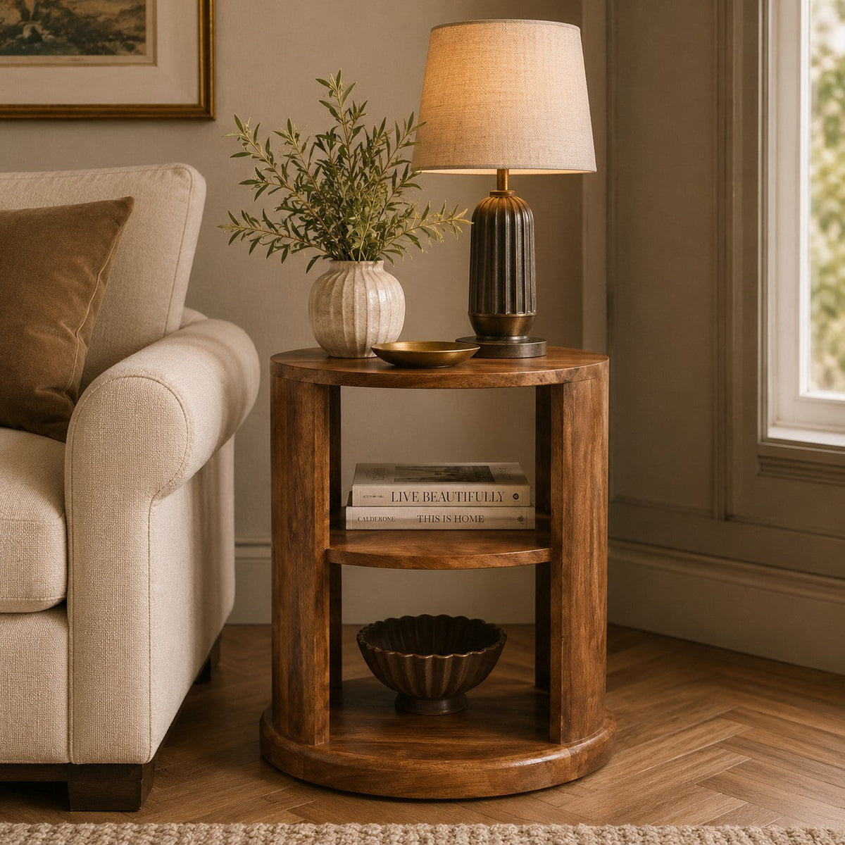 Ventura Round Open-Shelf Solid Mango Wood Side Table – Golden Teak Finish
