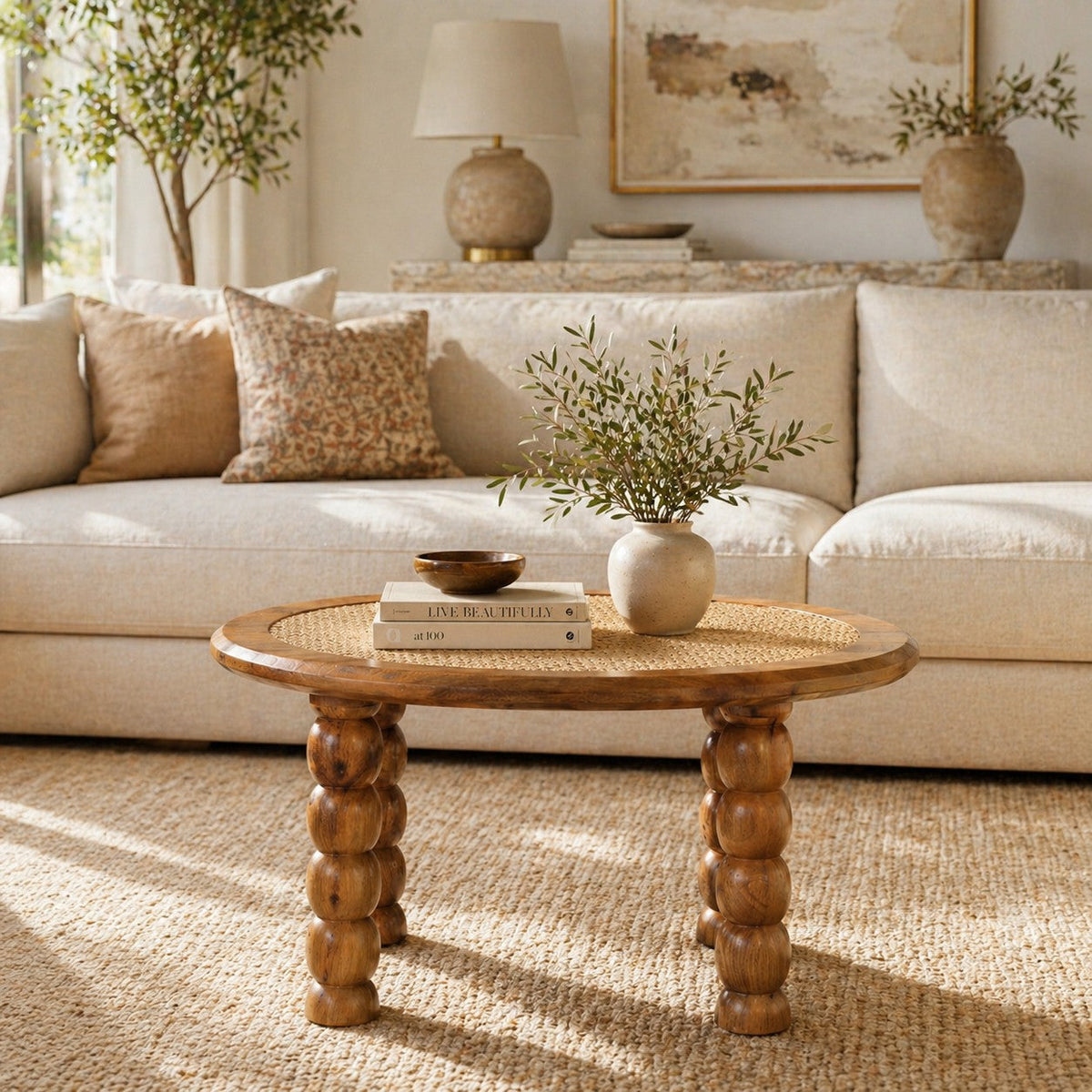 Spindle Rattan Solid Mango Wood Coffee Table – Oak-Ish Finish