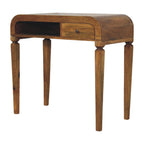 Curved Open Shelf Solid Mango Wood Writing Desk – Amber Oak Finish