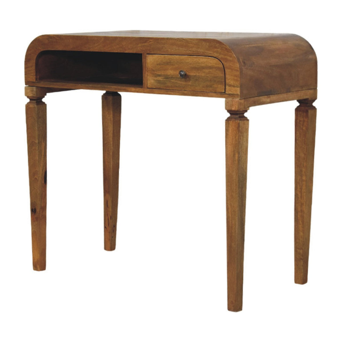 Curved Open Shelf Solid Mango Wood Writing Desk – Amber Oak Finish