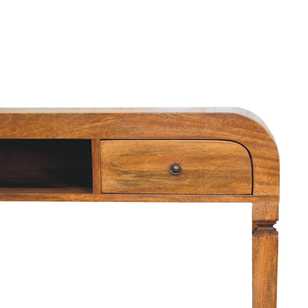 Curved Open Shelf Solid Mango Wood Writing Desk – Amber Oak Finish