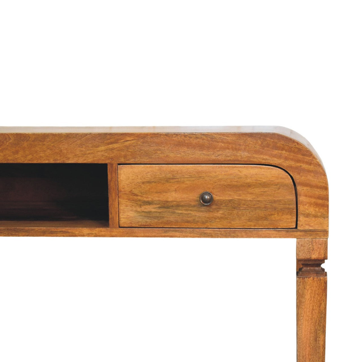 Curved Open Shelf Solid Mango Wood Writing Desk – Amber Oak Finish