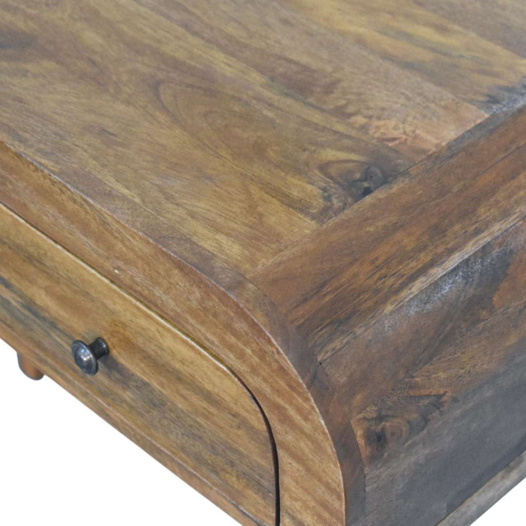 Curved Open Shelf Solid Mango Wood Writing Desk – Amber Oak Finish