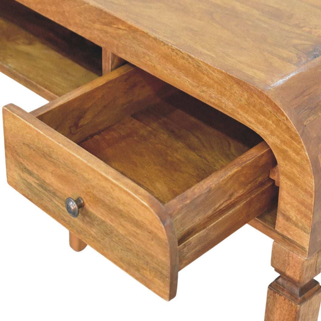 Curved Open Shelf Solid Mango Wood Writing Desk – Amber Oak Finish