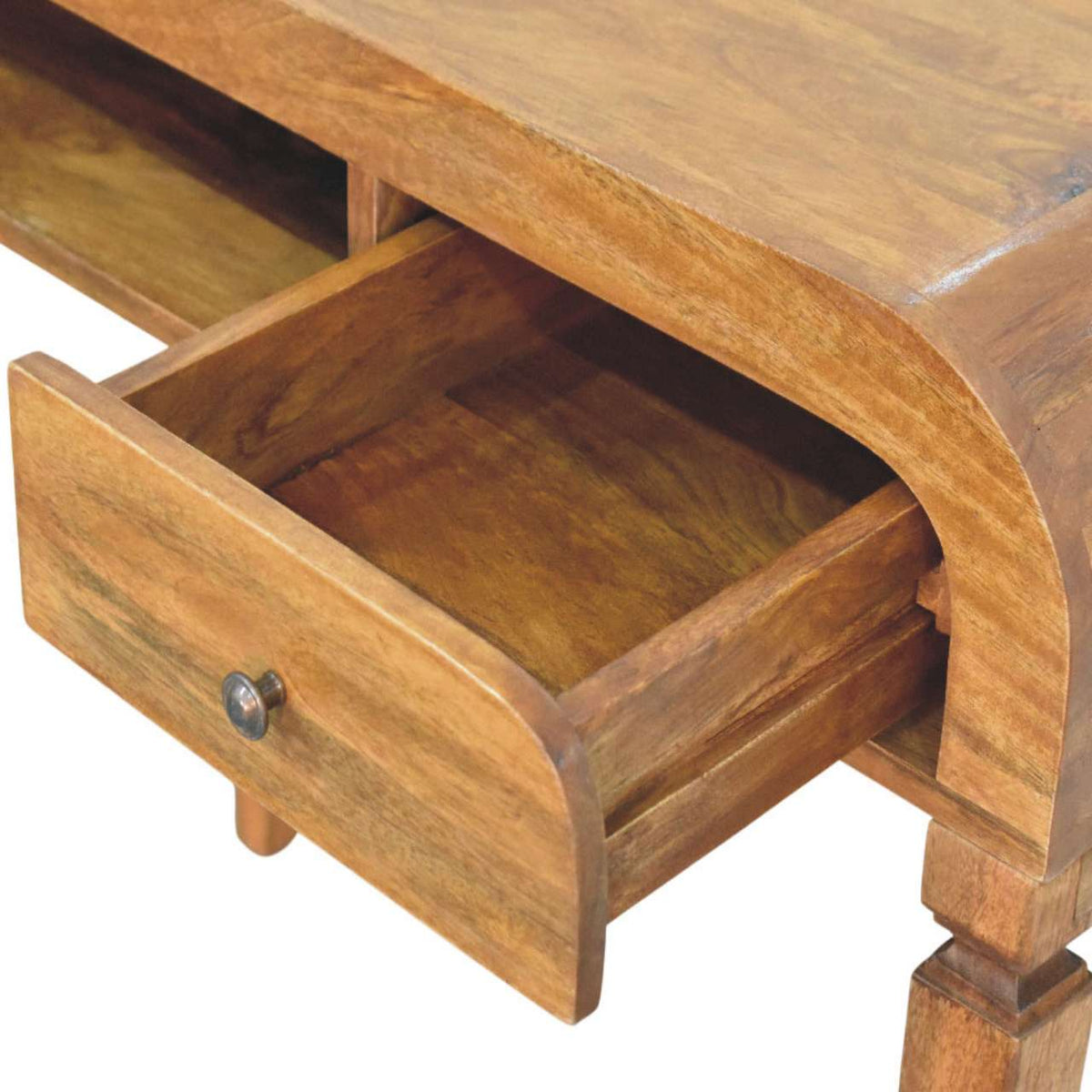 Curved Open Shelf Solid Mango Wood Writing Desk – Amber Oak Finish