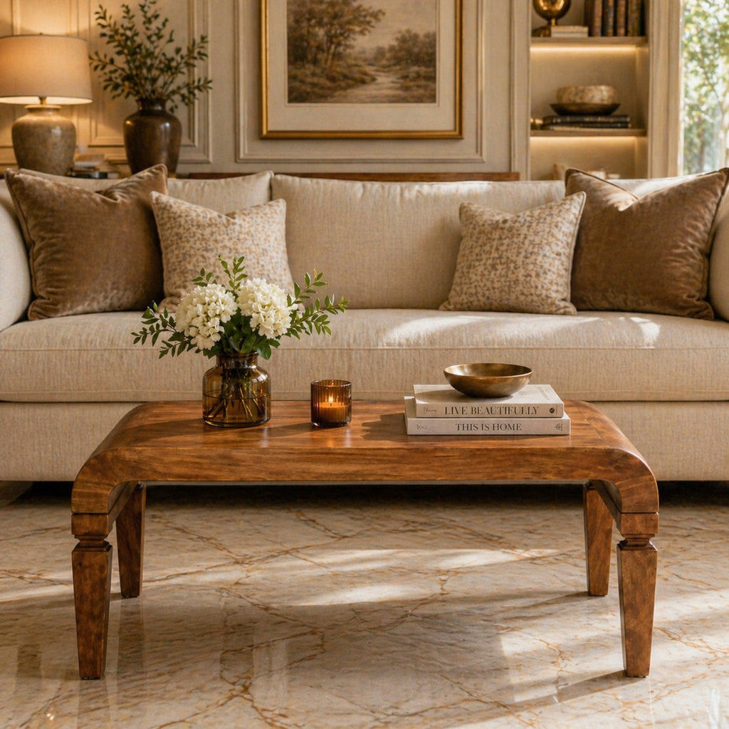 Curved Frame Solid Mango Wood Coffee Table – Amber Oak Finish