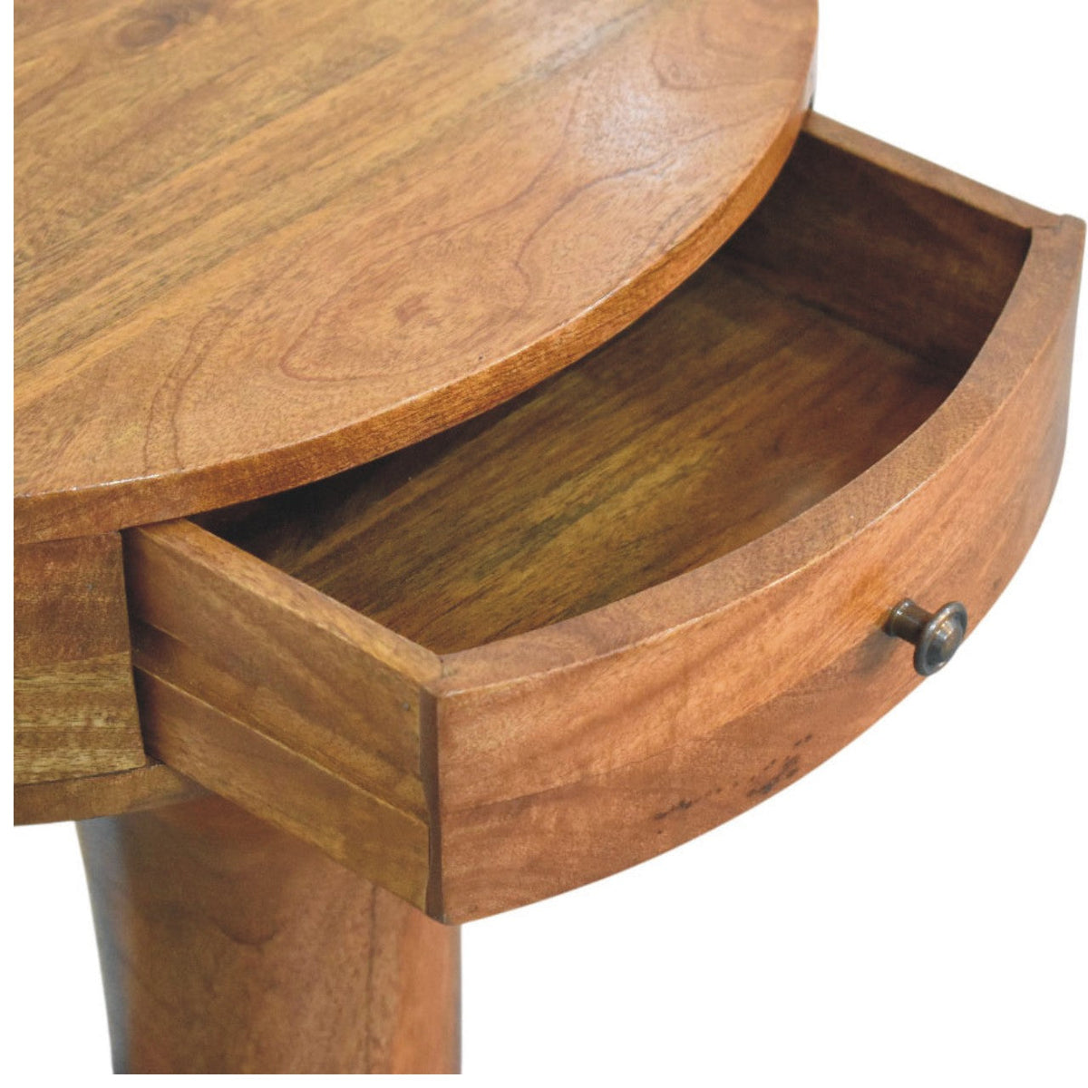 Pedestal Curved Solid Mango Wood Bedside Table – Amber Oak Finish