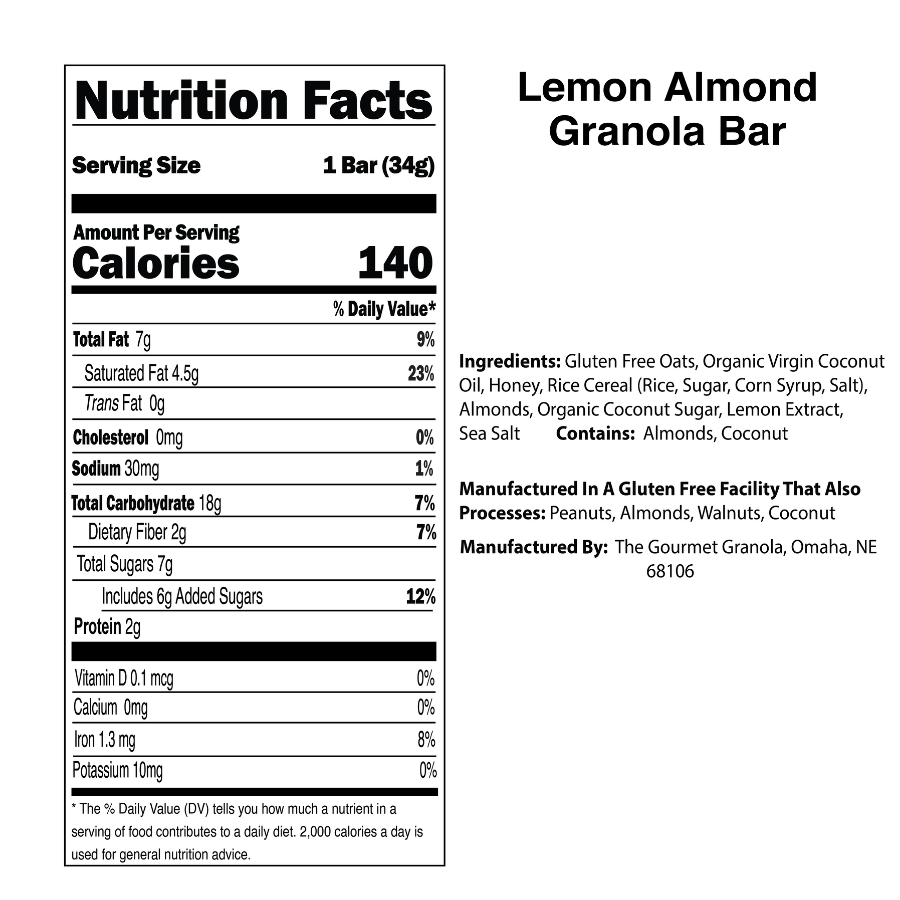 IN STORE ONLY | Lemon Almond Granola Bars | Pack of 6 | Gluten, Dairy, & Soy Free | The Gourmet Granola