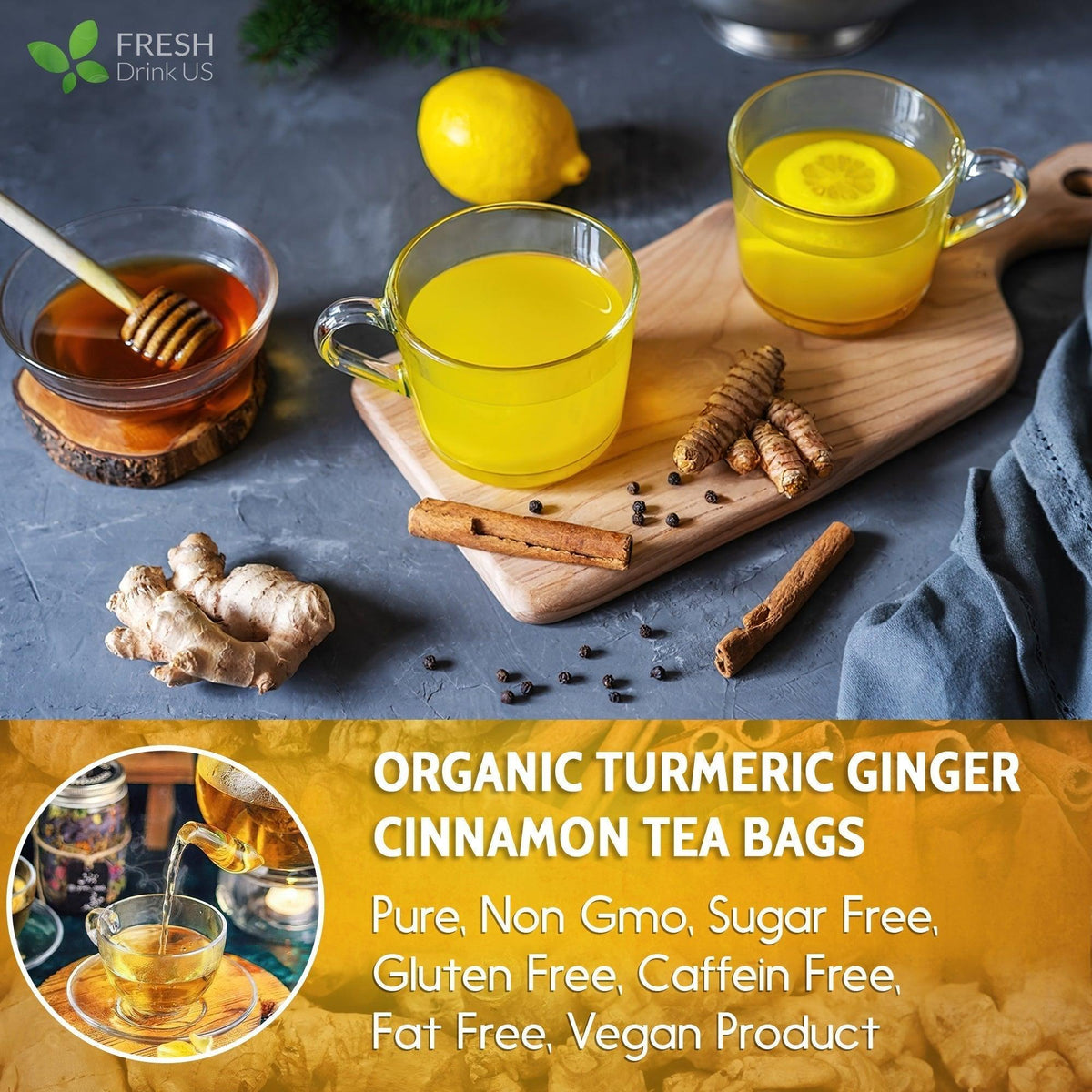 Turmeric Ginger, Cinnamon Tea, Tea Bags, 100% Natural, Hand-made, No Sugar, No Caffeine, No Gluten, Vegan