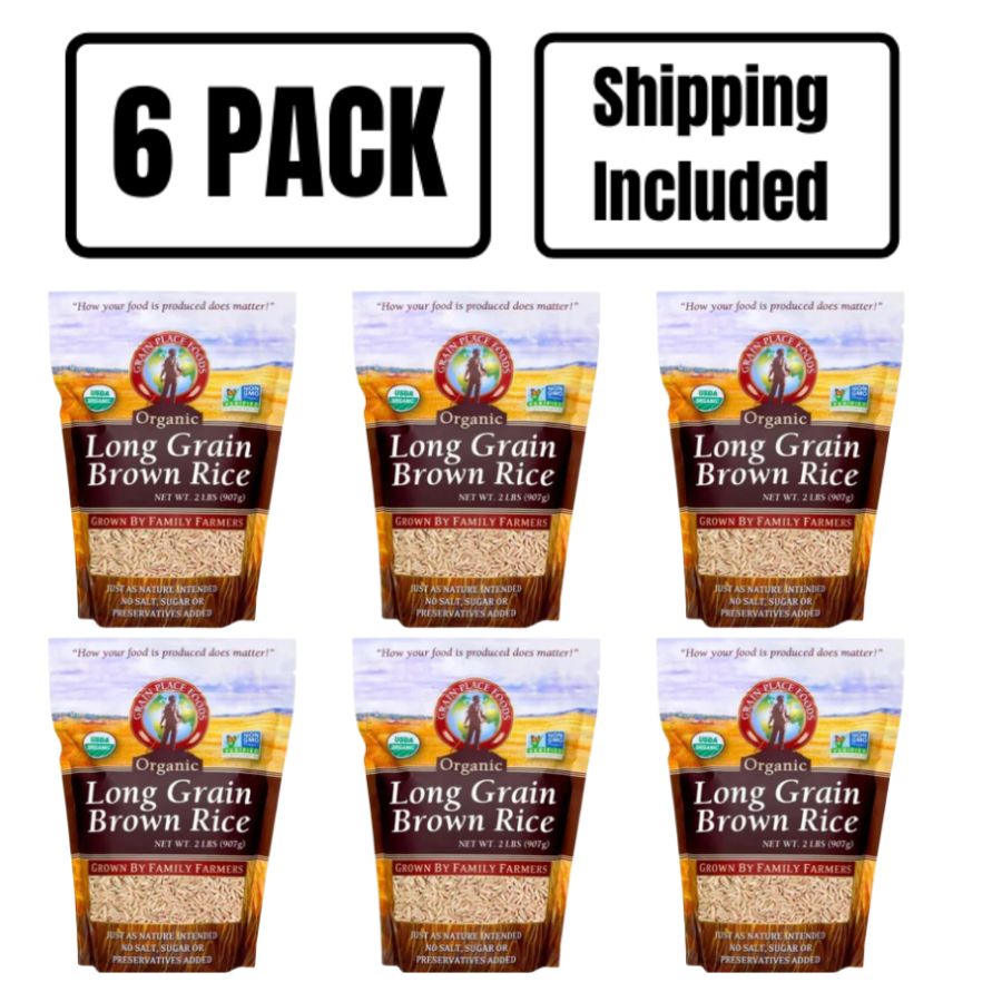 Organic Long Grain Brown Rice | 2 lb | Pack of 6 | Non-GMO | Shipping Included | Grain Place Foods
