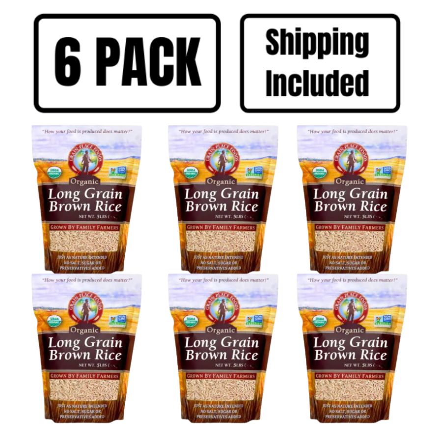 Organic Long Grain Brown Rice | 5 lb | Pack of 6 | Non-GMO | Shipping Included | Grain Place Foods