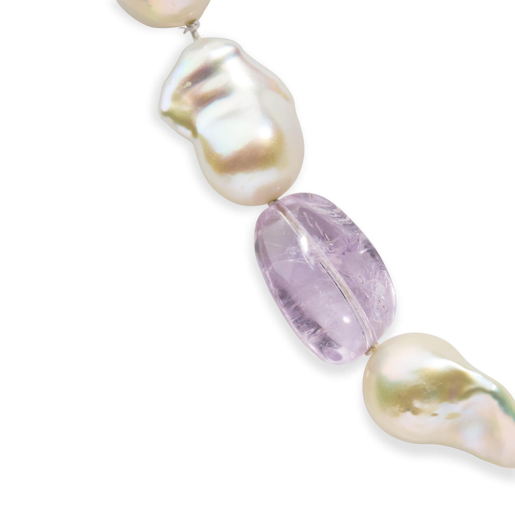 14K Yellow Gold Citrine, Amethyst, and Baroque Pearl Strand Necklace - 18" Inches