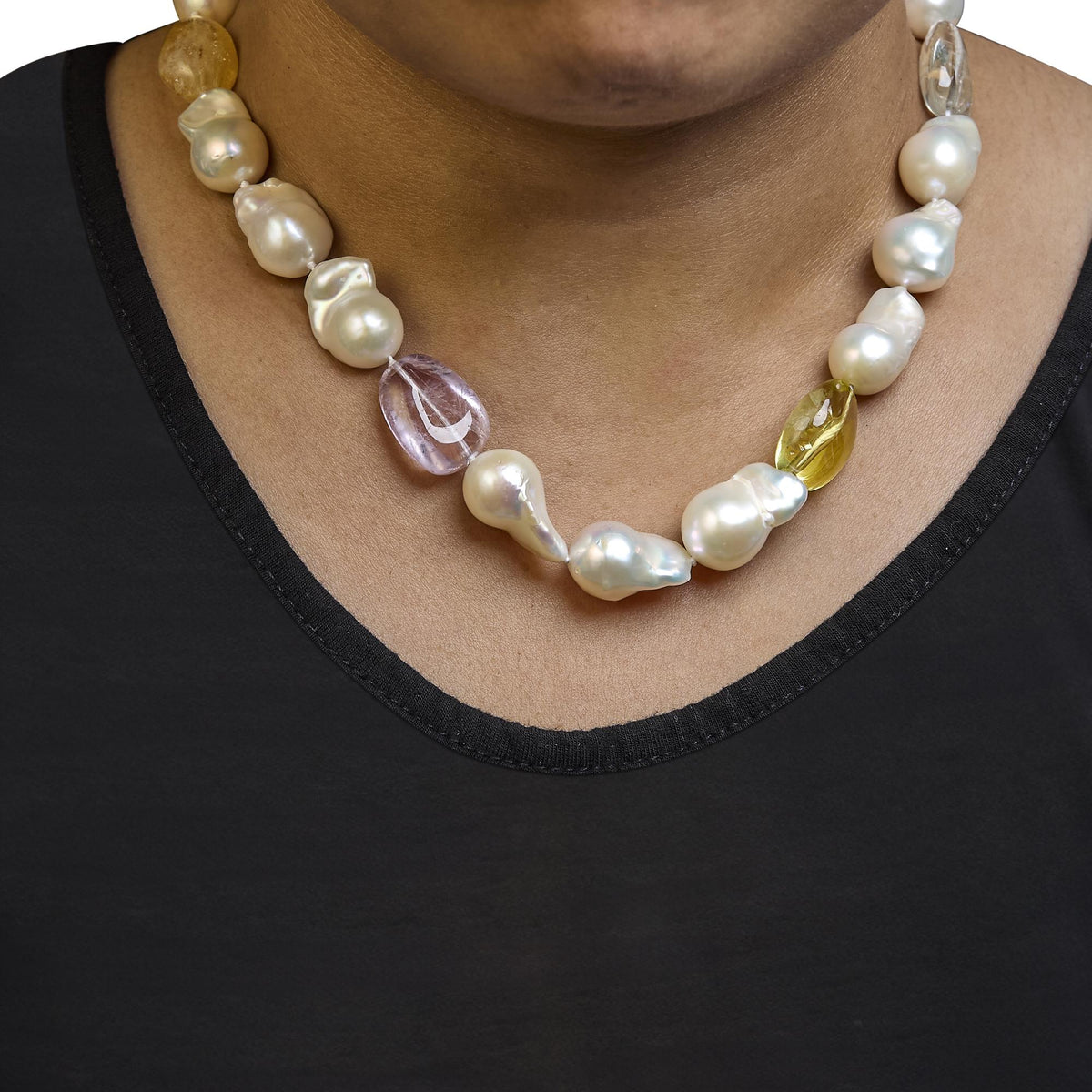 14K Yellow Gold Citrine, Amethyst, and Baroque Pearl Strand Necklace - 18" Inches