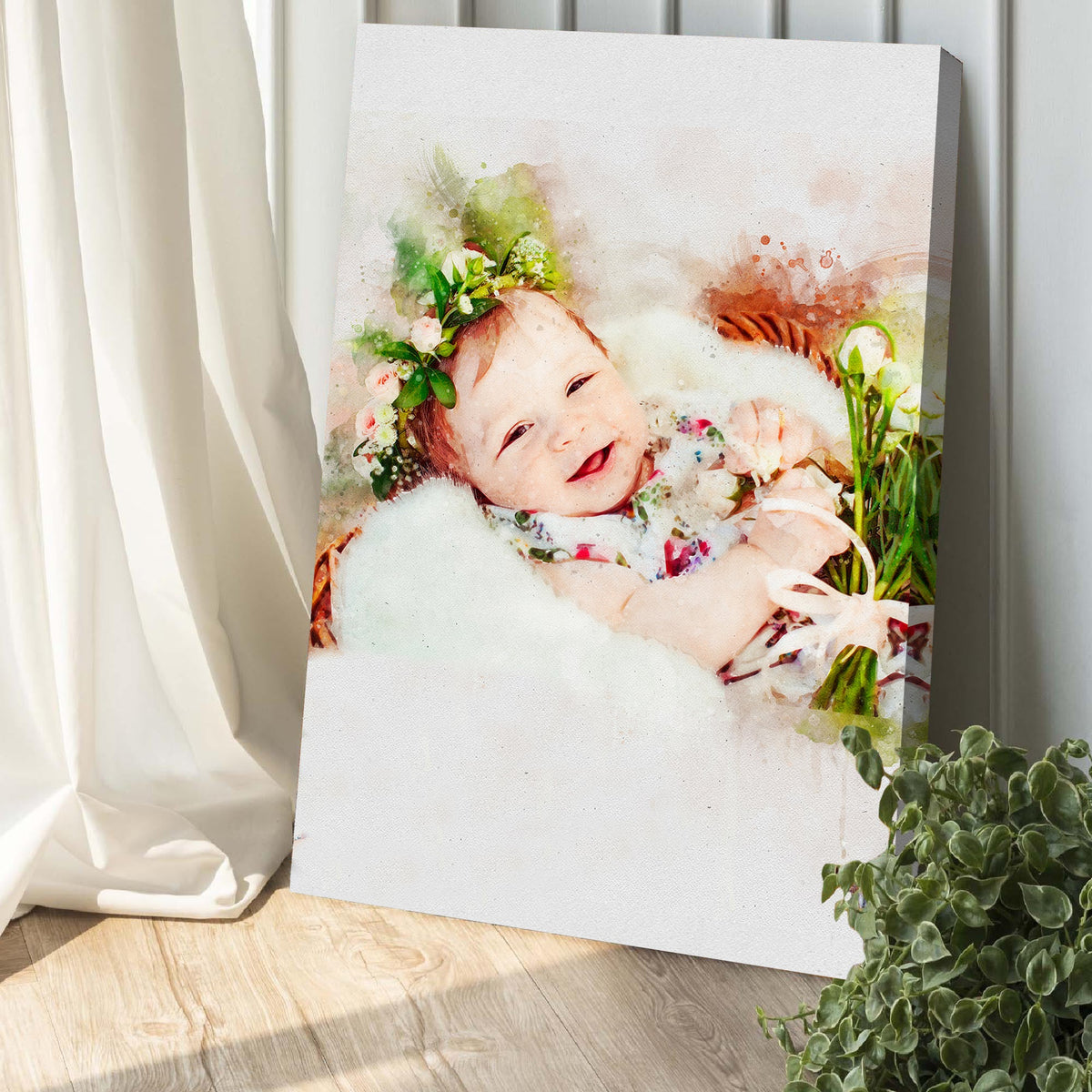Newborn Baby Watercolor Portrait Custom Wall Art