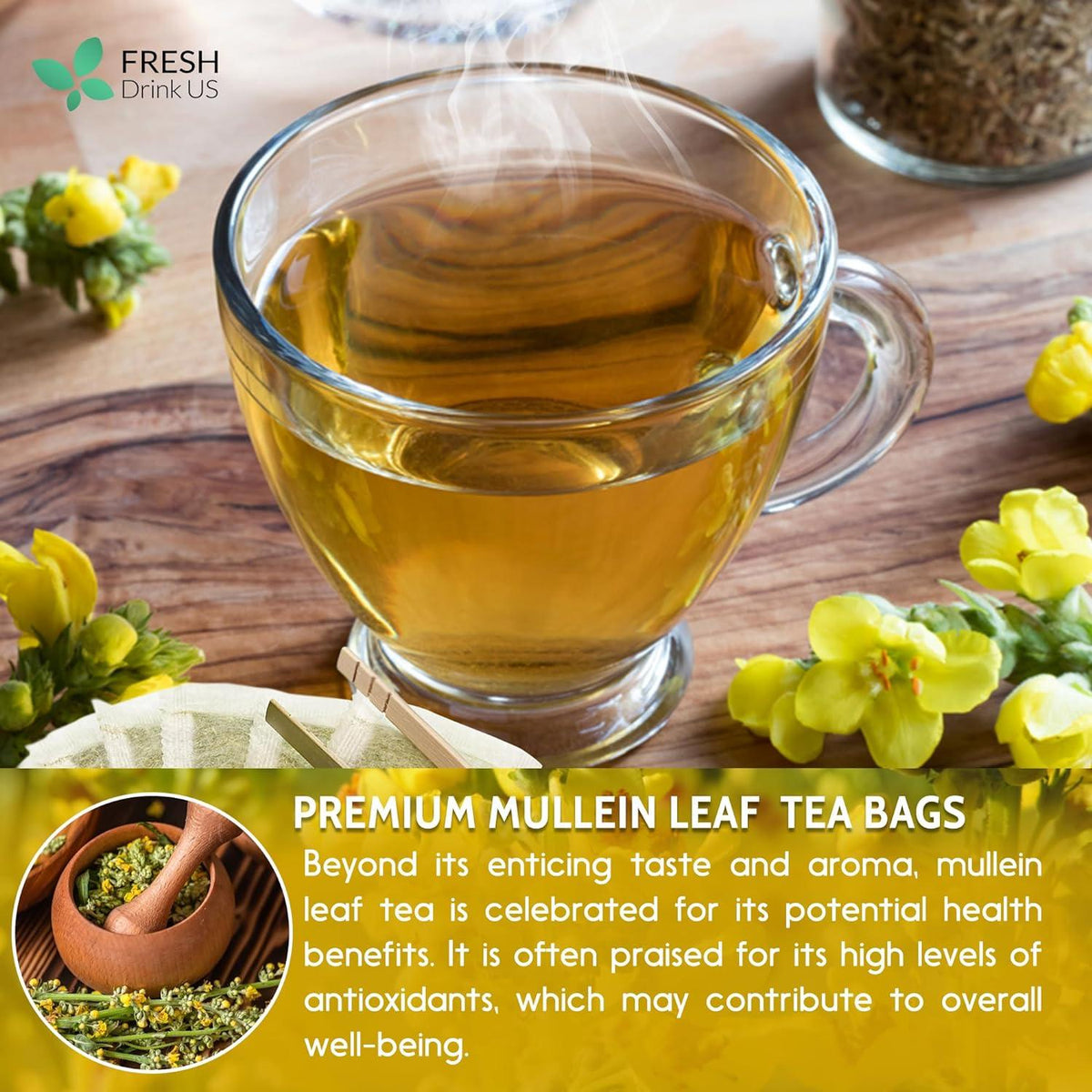 Mullein Leaf Tea Bags, 100% Natural & Pure from Mullein Leaves. Loose Leaf Mullein Herbal Tea. Made with Natural Material Tea Bags. No Sugar, No Caffeine, No Gluten, Vegan.