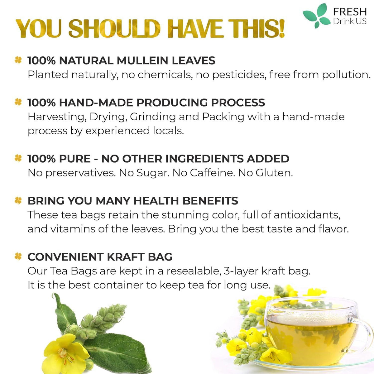 Mullein Leaf Tea Bags, 100% Natural & Pure from Mullein Leaves. Loose Leaf Mullein Herbal Tea. Made with Natural Material Tea Bags. No Sugar, No Caffeine, No Gluten, Vegan.