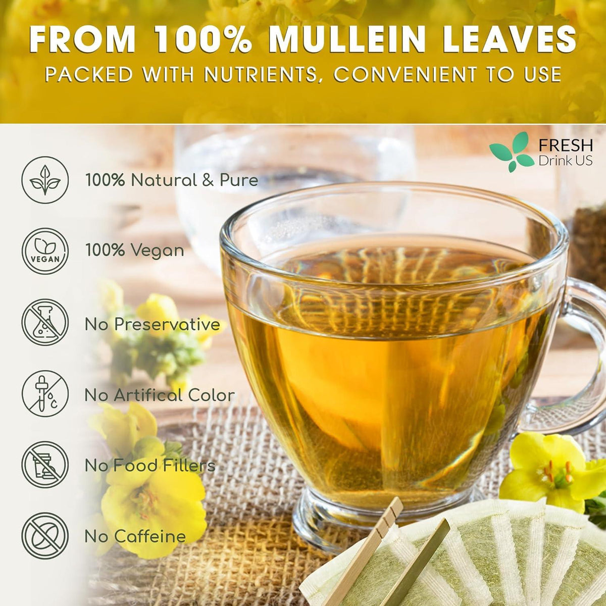 Mullein Leaf Tea Bags, 100% Natural & Pure from Mullein Leaves. Loose Leaf Mullein Herbal Tea. Made with Natural Material Tea Bags. No Sugar, No Caffeine, No Gluten, Vegan.