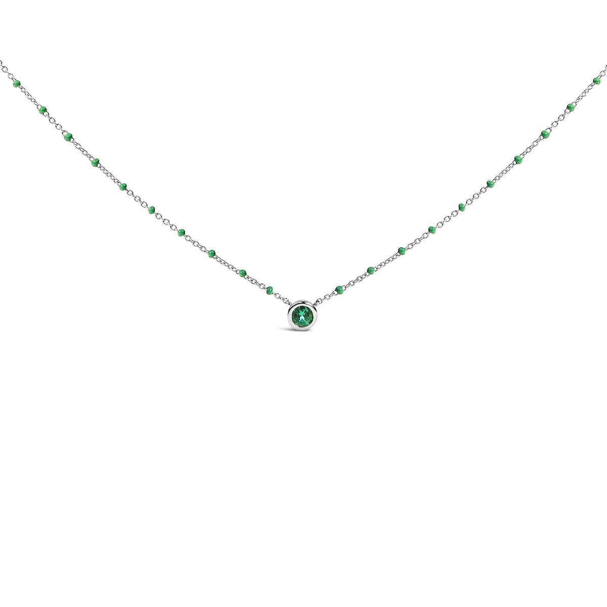 Sterling Silver Lab Created Emerald Bead Chain Necklace