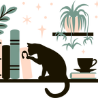 Book Shelves With Kitty and Plants Glass Cups