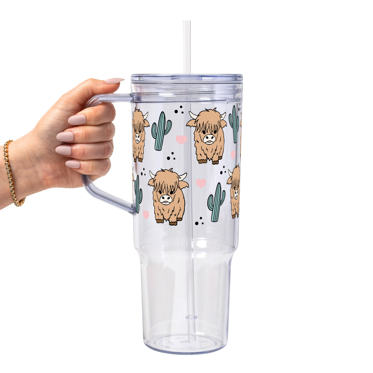 Fluffy Highland Cow With Cacti Glass Cups