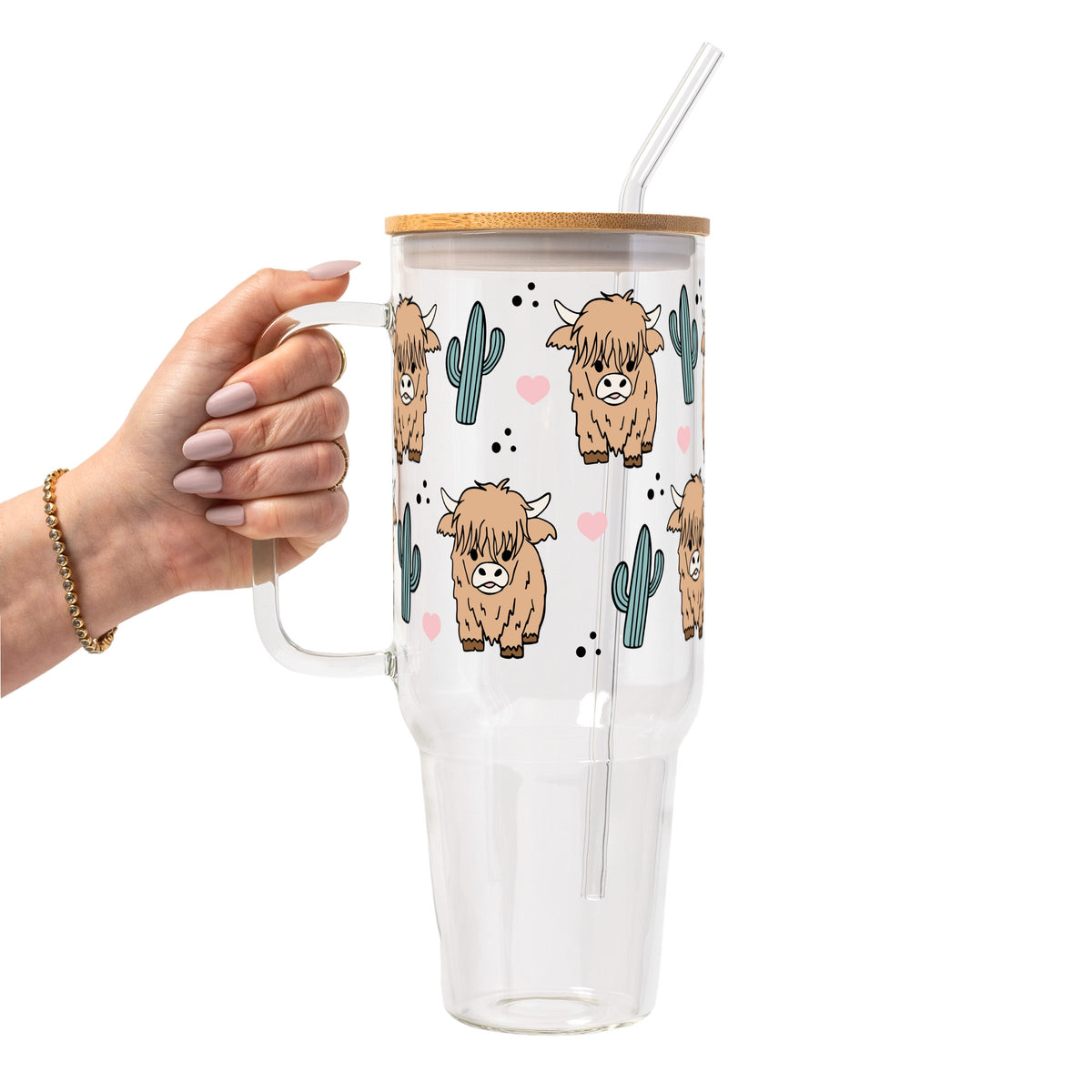Fluffy Highland Cow With Cacti Glass Cups