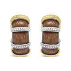18K Yellow and White Gold Flash Plated .925 Sterling Silver Clear Brown Enamel 9/10 Cttw Round Diamonds Huggie Hoop Earrings (F-G Color, VS1-VS2 Clarity)