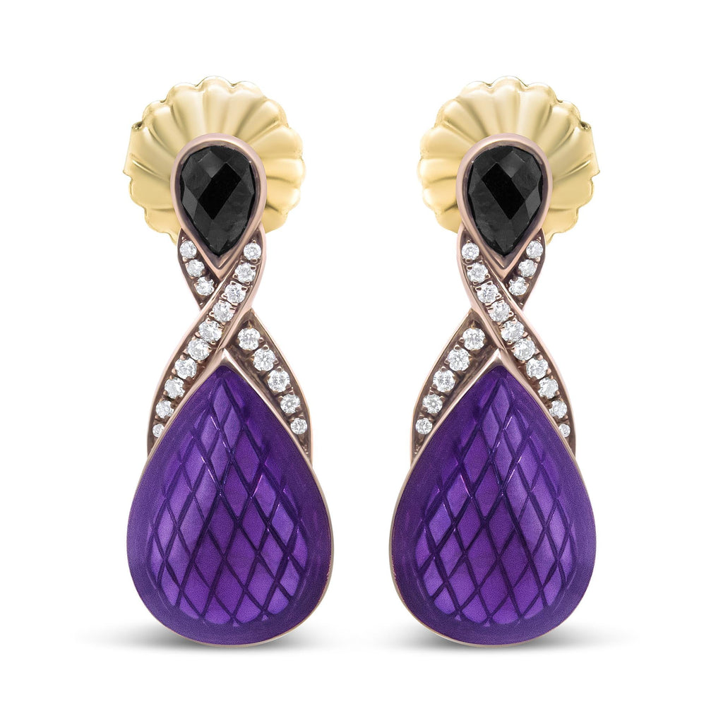 18K Rose Gold Flash Plated .925 Sterling Silver Purple Enamel 1/5 Cttw Round Pave-Set Diamond and 5.5 x 4mm Pear-Shaped Black Onyx Drop Earrings (F-G Color, VS1-VS2 Clarity)