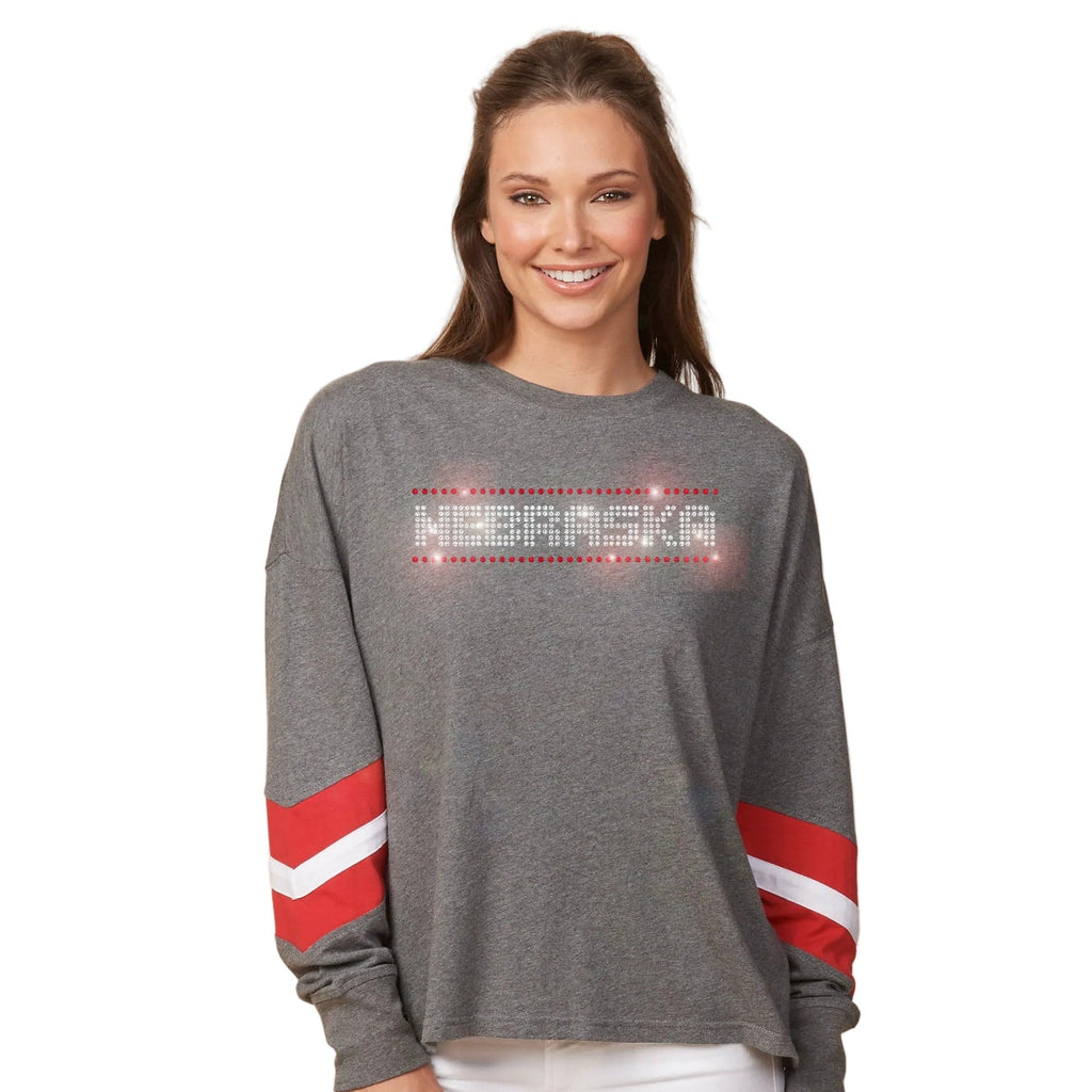 Gray Nebraska Long Sleeve Shirt with Red & White Striped Sleeves | Multiple Sizes | Nature Find & Designs
