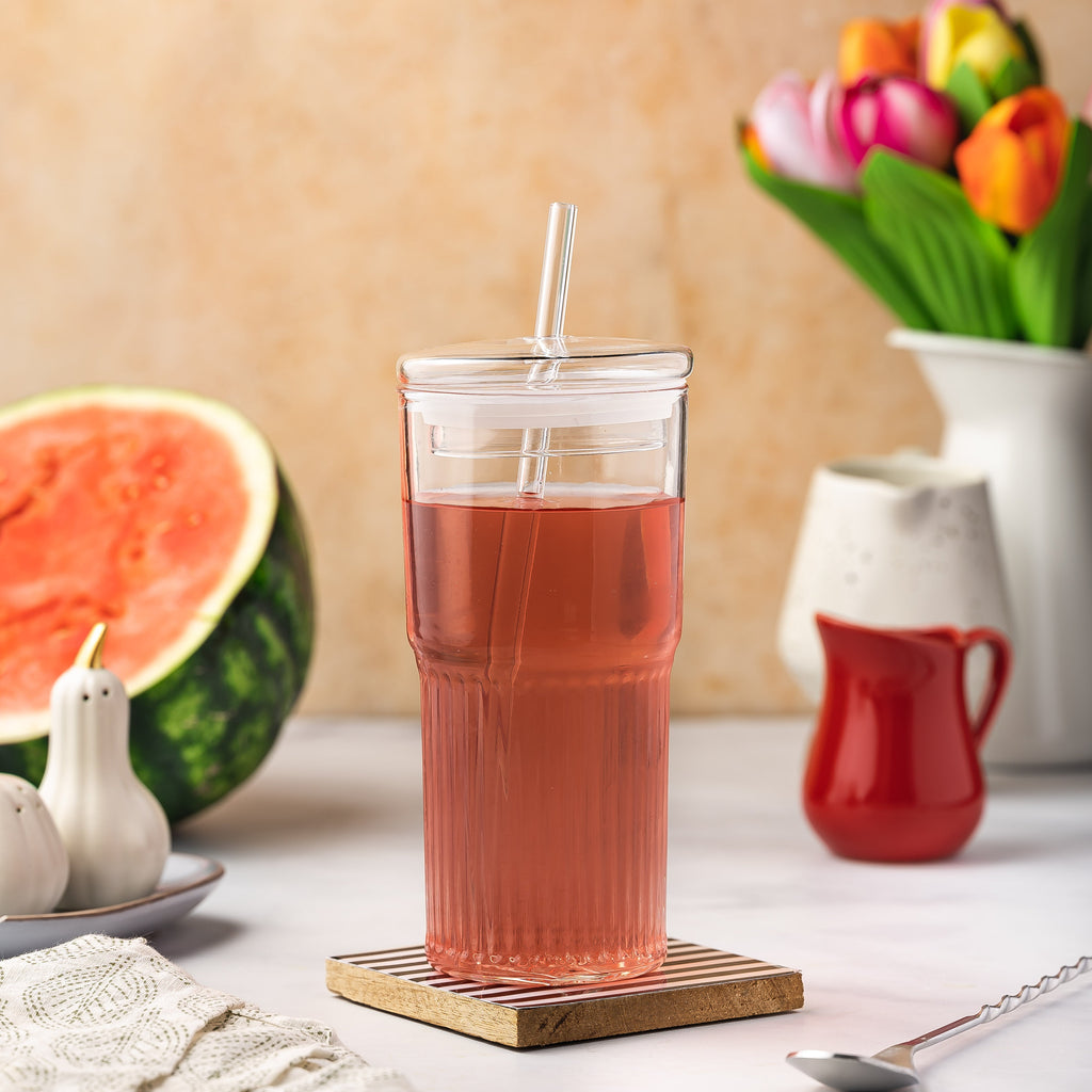 All Glass Juice Tumblers with Lid, Straw & Silicone Sleeve - 2 Pack Set, 20 oz