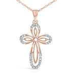 10K Rose Gold Plated Sterling Silver 1/6 Cttw Diamond Double Loop Cross Pendant Necklace