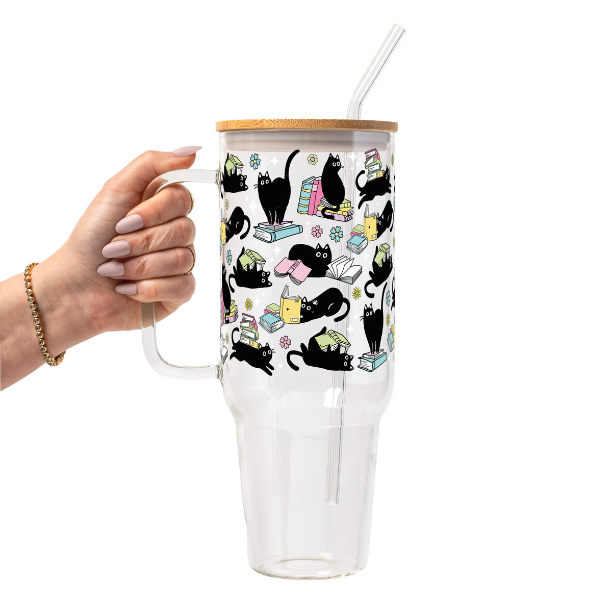 Black Cats on Books Glass Cups