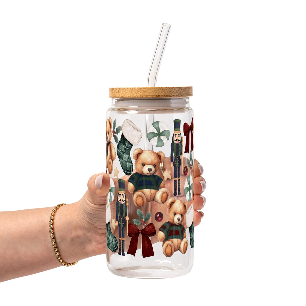 Plaid Teddy Christmas Glass Cups