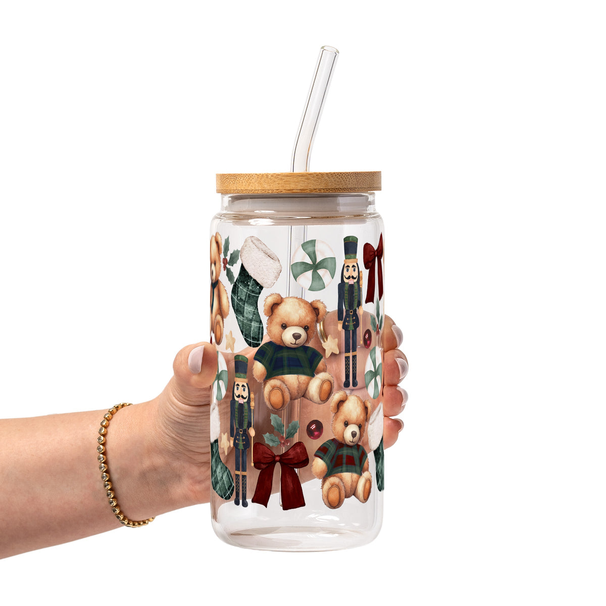 Plaid Teddy Christmas Glass Cups
