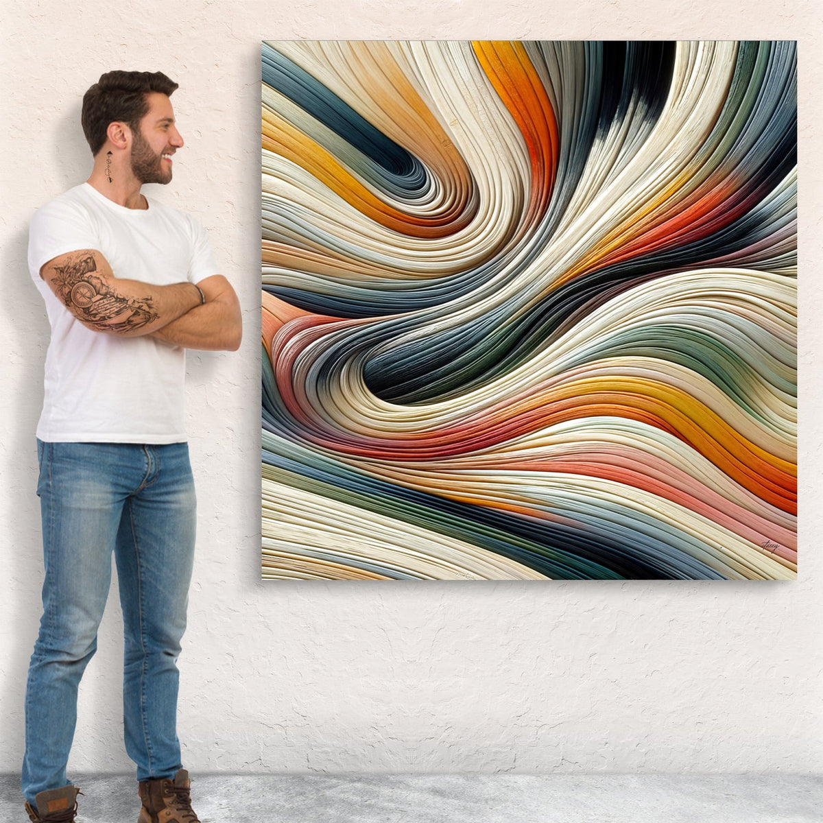 Man standing next to a large abstract painting with swirling colors on a white wall.