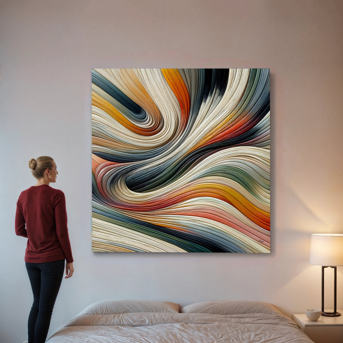 Woman standing in a bedroom looking at a colorful abstract painting on the wall.