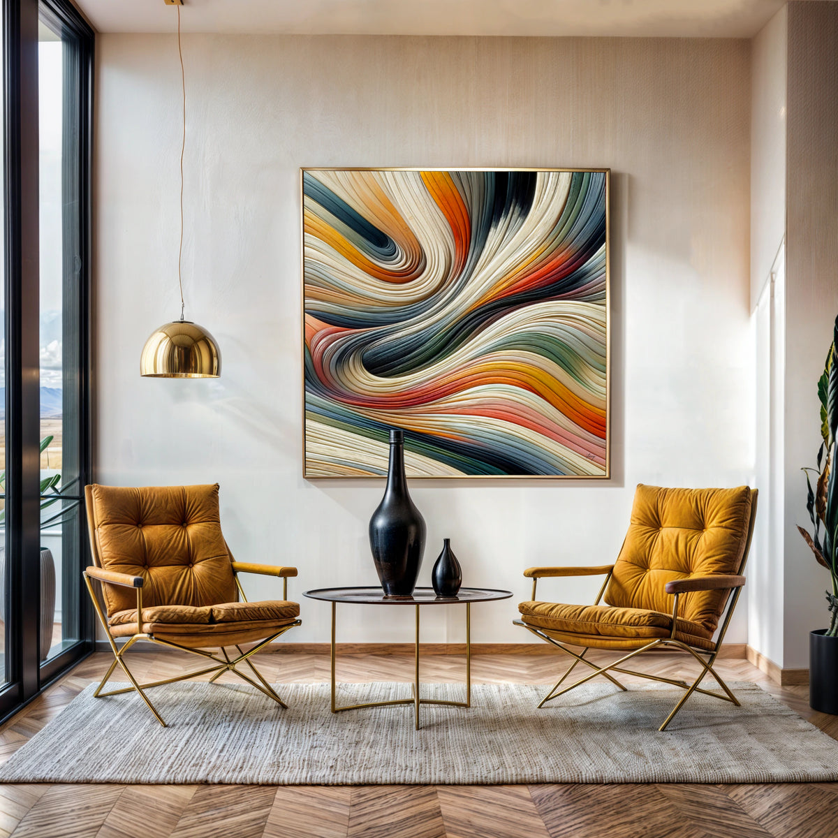 Modern living room with two yellow chairs, a round table, and a colorful abstract painting on the wall.