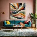 Modern living room with a teal sofa, colorful abstract painting, and decorative items.