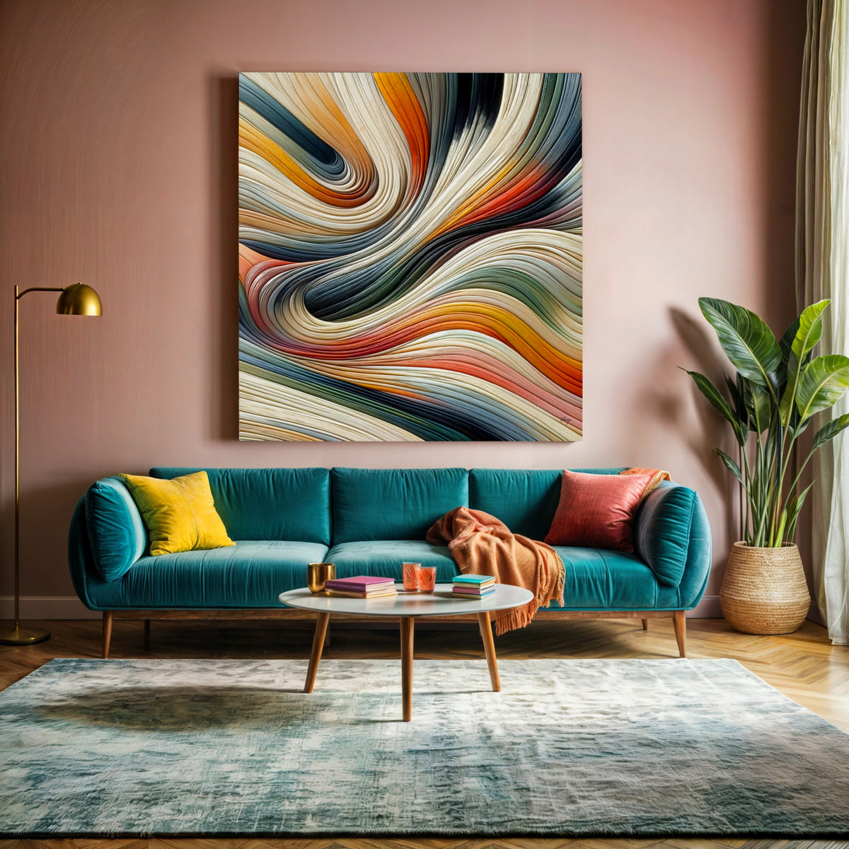 Modern living room with a teal sofa, colorful abstract painting, and decorative items.