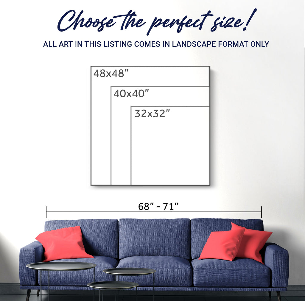 Illustrated square canvas size chart above a blue sofa, with diagrams labeled 32 × 32, 40 × 40, and 48 × 48 inches.