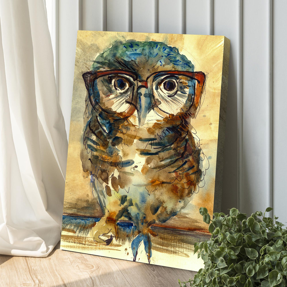 The Wise Owl Watercolor Portrait Canvas Wall Art